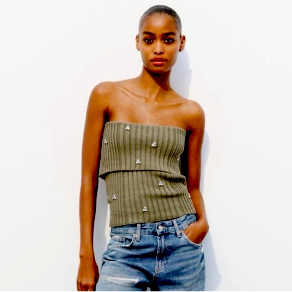 New with Tags Zara Khaki Jewel Beaded Off The Shoulder Top Size Small